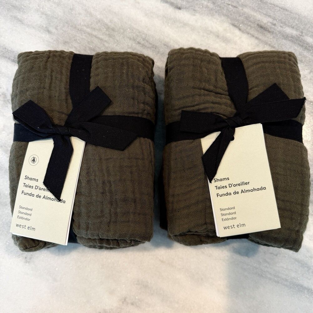 West Elm Olive Green Quilted Cotton Pillow Shams (Pair)